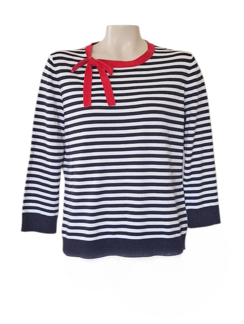 Brooks Brothers Striped Sweater Black White Red Bow Neck 100% Cotton Preppy L
